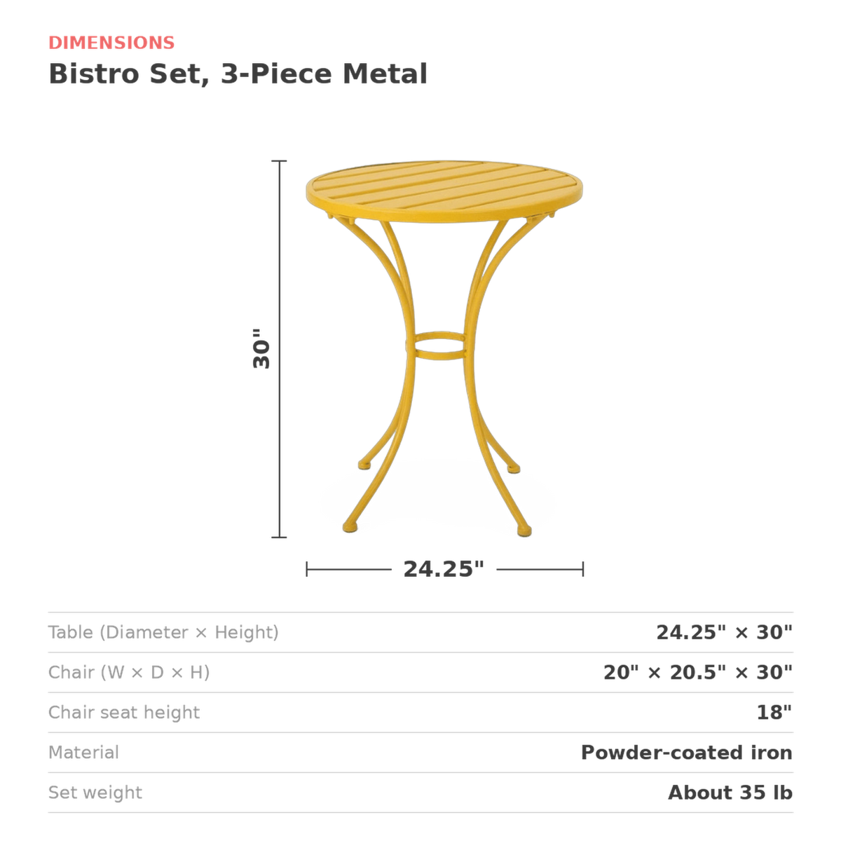 Yellow bistro set with table and chair measurements marked (dimensions)