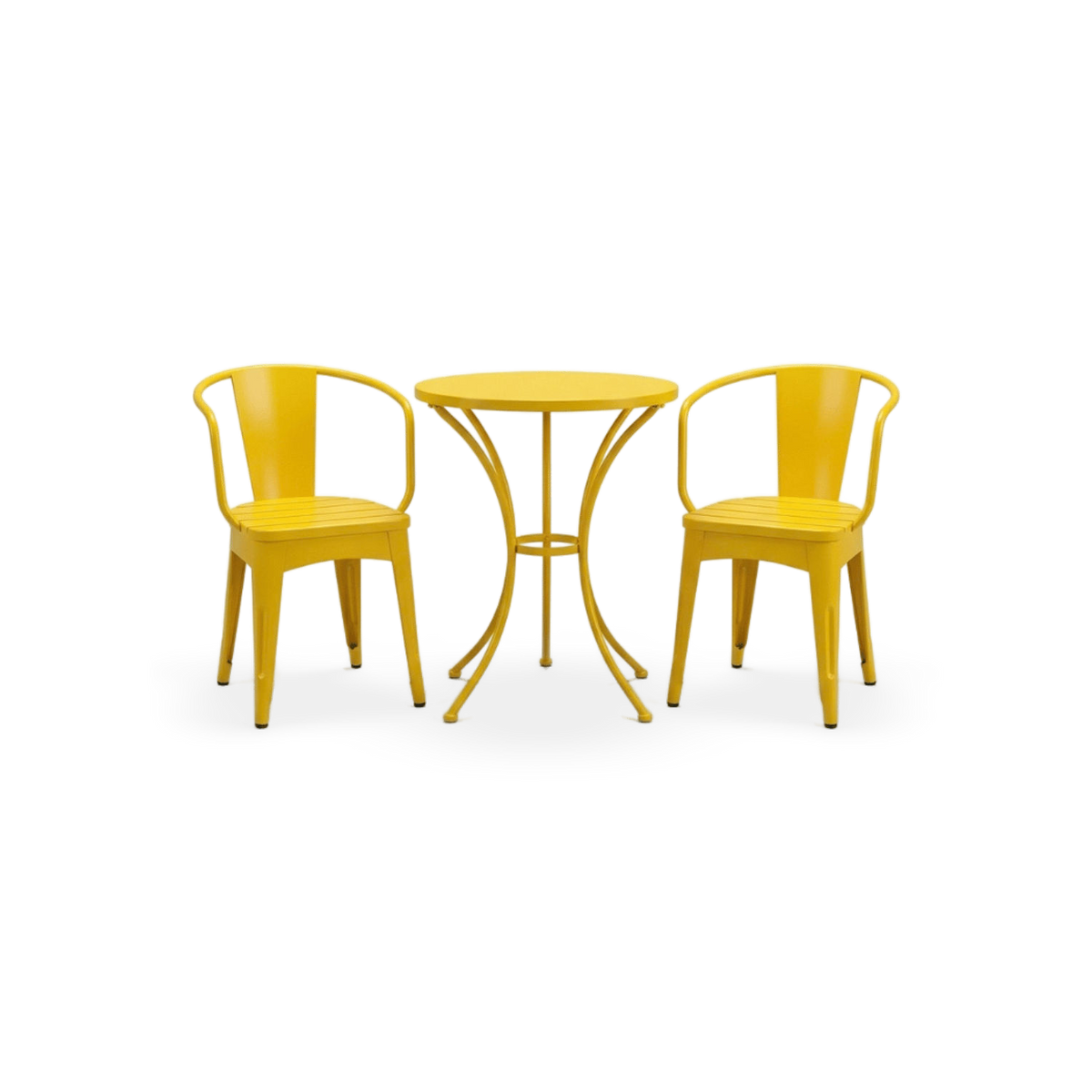 Outdoor metal bistro set in yellow with a round slatted table and two arm-hoop chairs, front view
