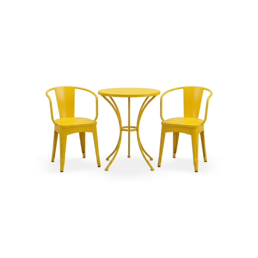 Outdoor metal bistro set in yellow with a round slatted table and two arm-hoop chairs, front view