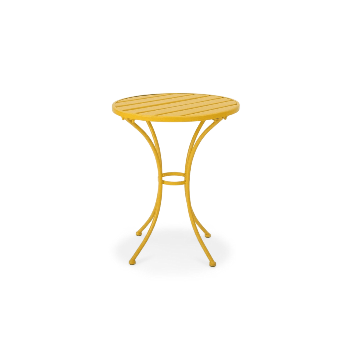 Yellow round slatted bistro table of the outdoor metal bistro set, four curved legs and a ring brace