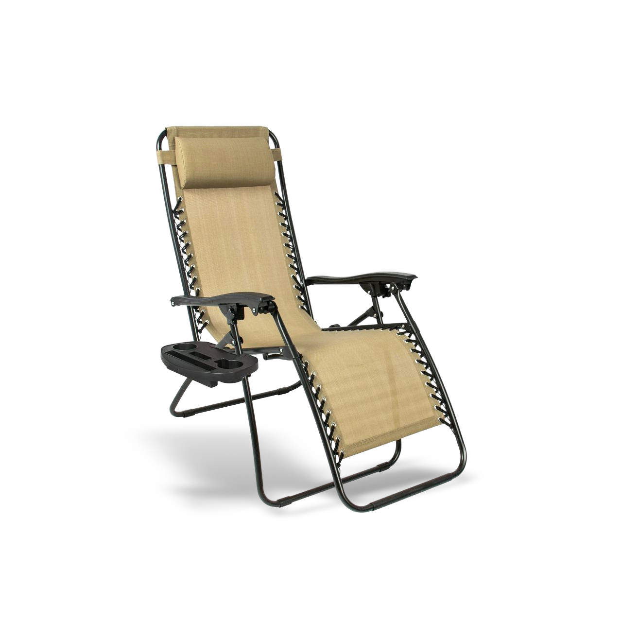 Beige Zero Gravity lounge chair designed for neck and back relief; features a reclining ergonomic frame and breathable fabric for wellness.