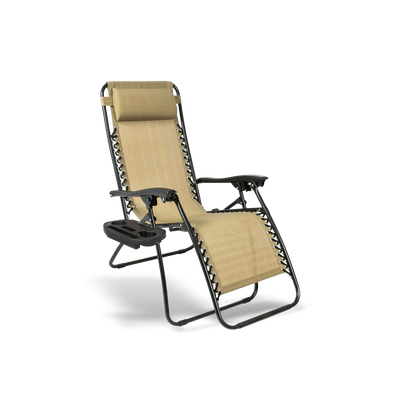 Beige Zero Gravity lounge chair designed for neck and back relief; features a reclining ergonomic frame and breathable fabric for wellness.