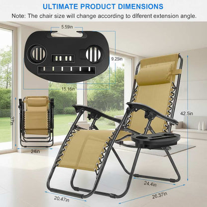 Beige Zero Gravity lounge chair with dimensions for full recline; designed for spinal decompression, stress (feature callout)