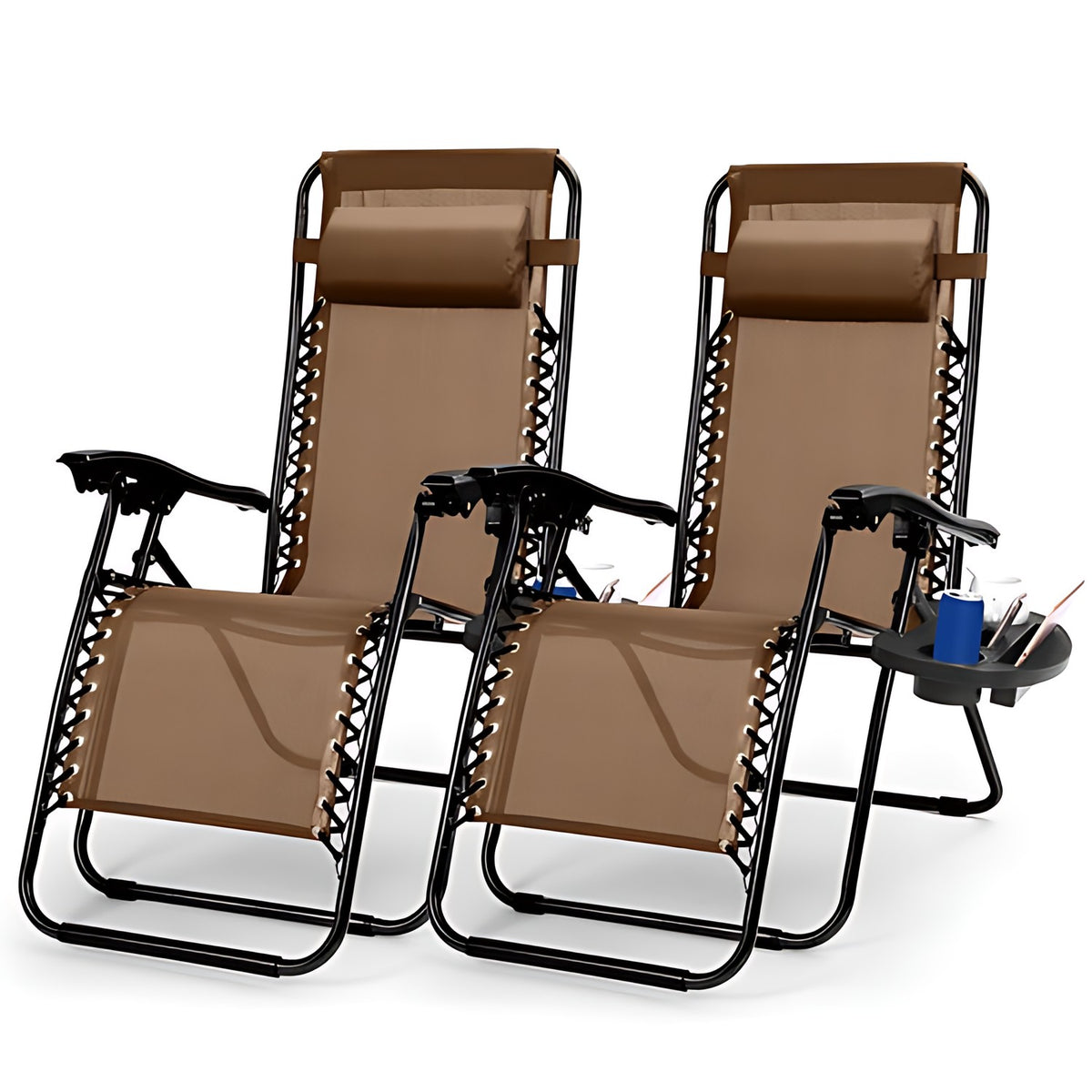 Two brown lounge chairs with black frames on a white background