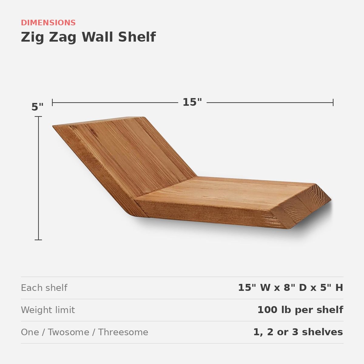 Shelf size card: 15 in wide, 8 in deep, 5 in high, 100 lb limit (dimensions)