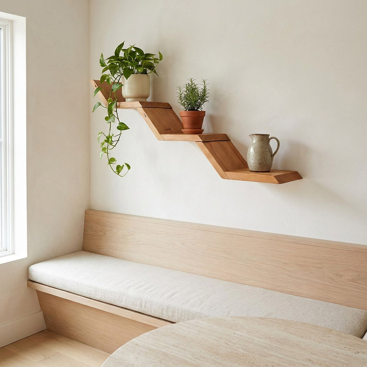 Three reclaimed wood shelves stepped up a warm-white kitchen breakfast nook wall with pothos and rosemary
