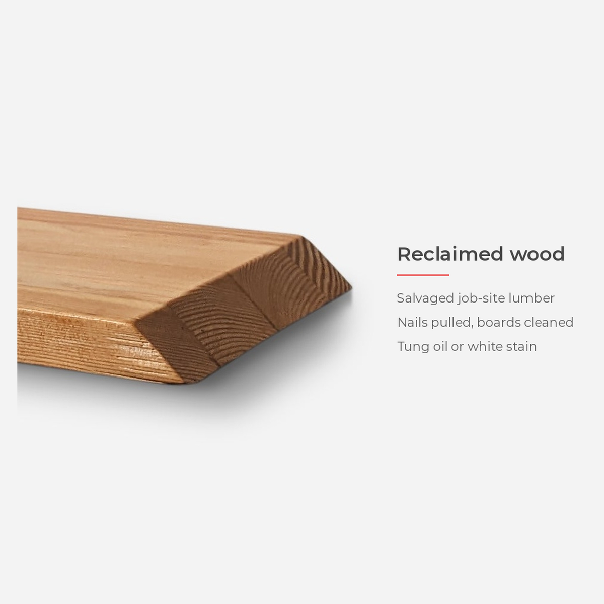 Reclaimed wood spec card with an end-grain view of the tray (feature callout)
