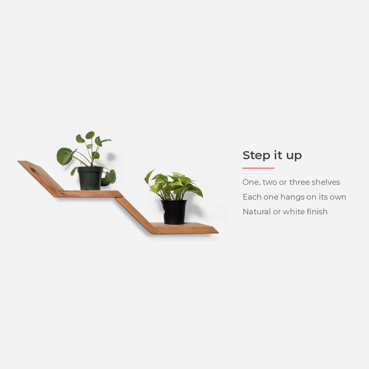 Step it up spec card showing two shelves hung apart on a wall (feature callout)